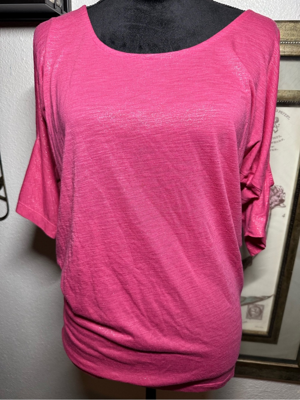 Vanity Sparkly Pink Shimmer Cold Shoulder Dolman Top •Size S• Barbiecore Y2K